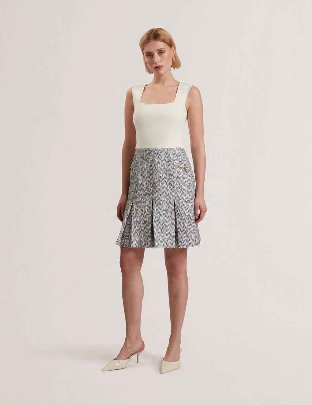 Women Ted Baker VULPAM - Sleeveless Knit Bodice Boucle Mini Dresses Lt-Blue | IJDX78324