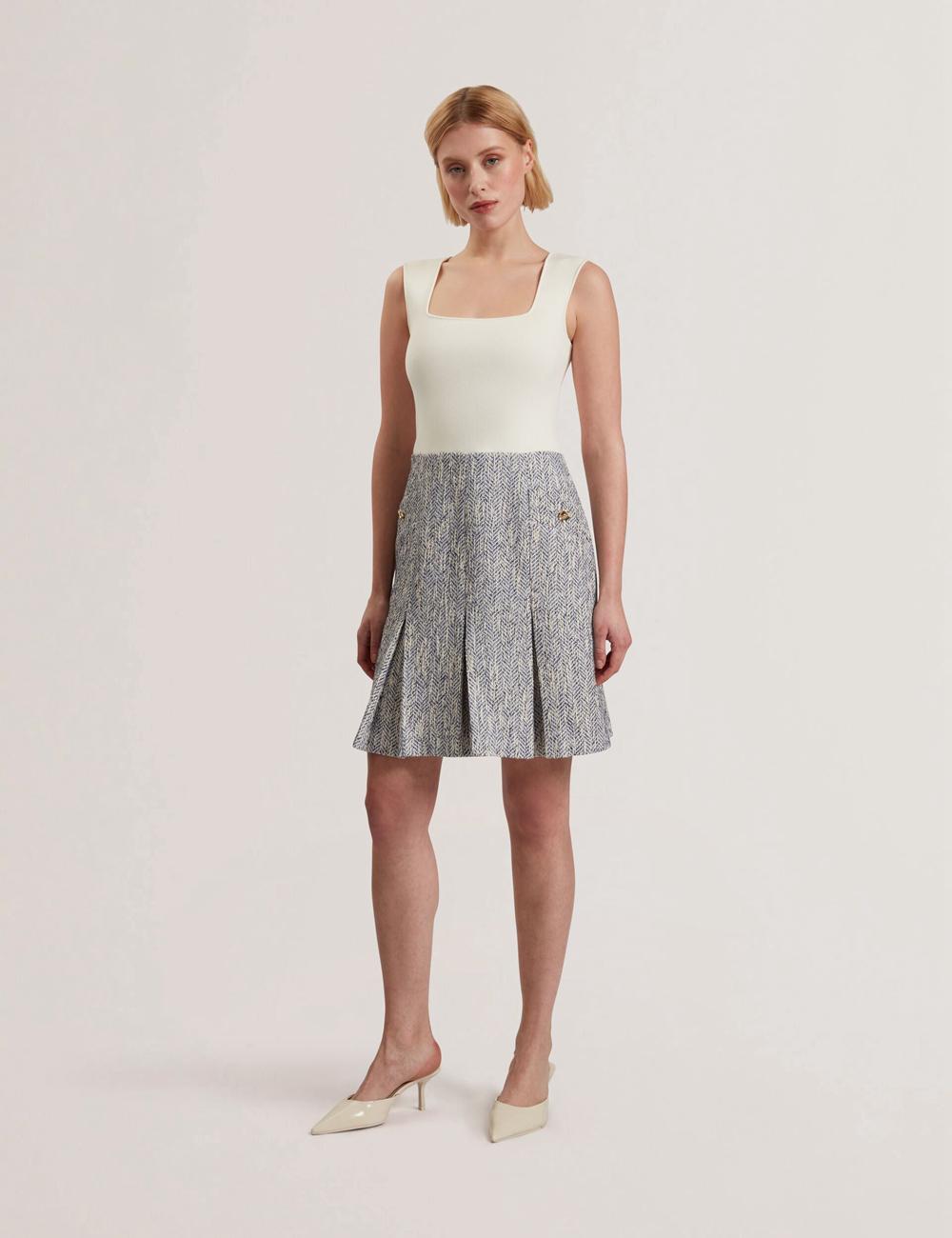 Women Ted Baker VULPAM - Sleeveless Knit Bodice Boucle Mini Dresses Lt-Blue | IJDX78324