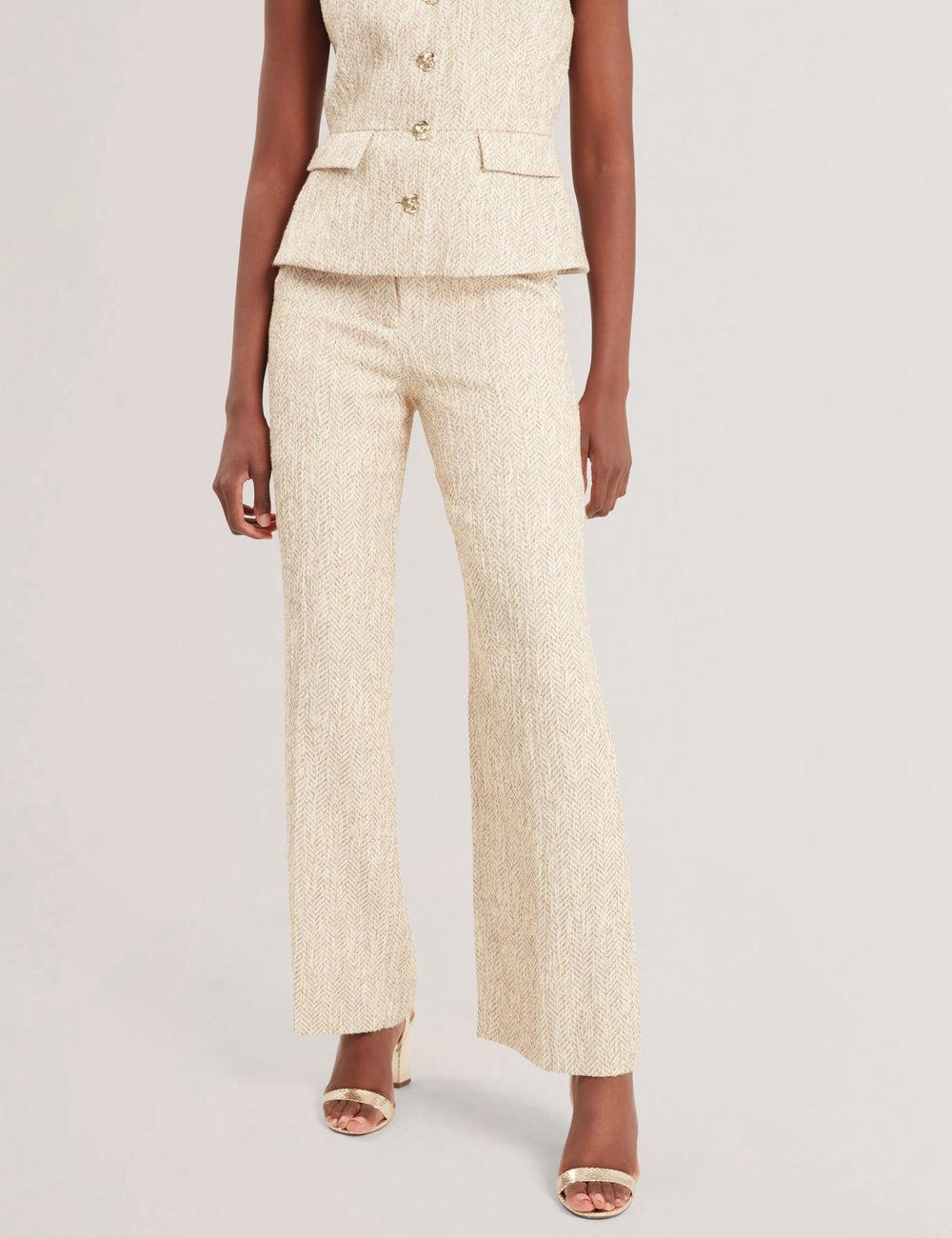 Women Ted Baker VULPAT - Boucle Herringbone Wide Leg Tailored Trousers Ivory | ZOFK40981