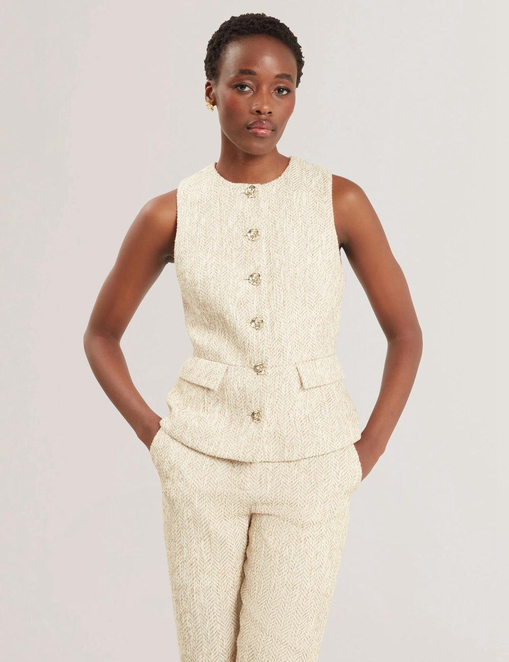 Women Ted Baker VULPAW - Boucle Herringbone Fitted Suit Waistcoat Ivory | EDFX45192