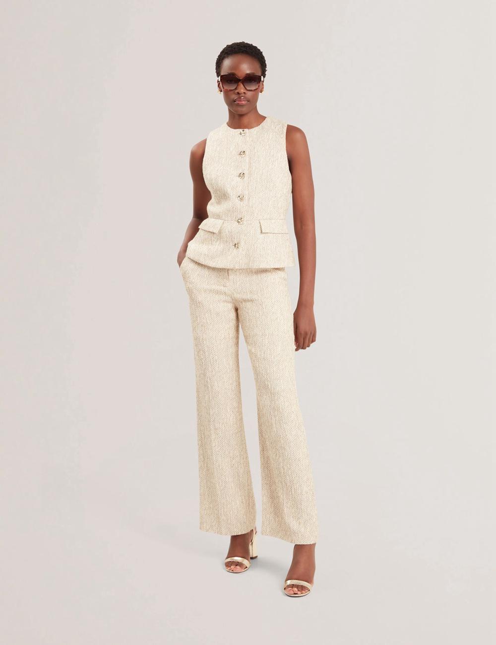 Women Ted Baker VULPAW - Boucle Herringbone Fitted Suit Waistcoat Ivory | EDFX45192