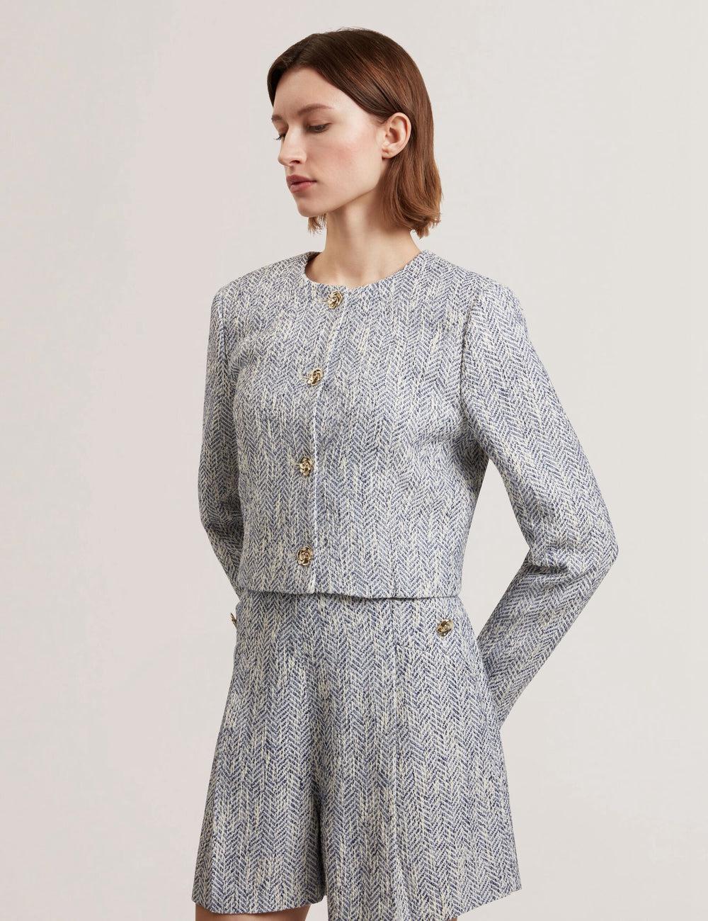 Women Ted Baker VULPA - Boucle Button-Up Cropped Tailored Jackets Lt-Blue | PFZC34109