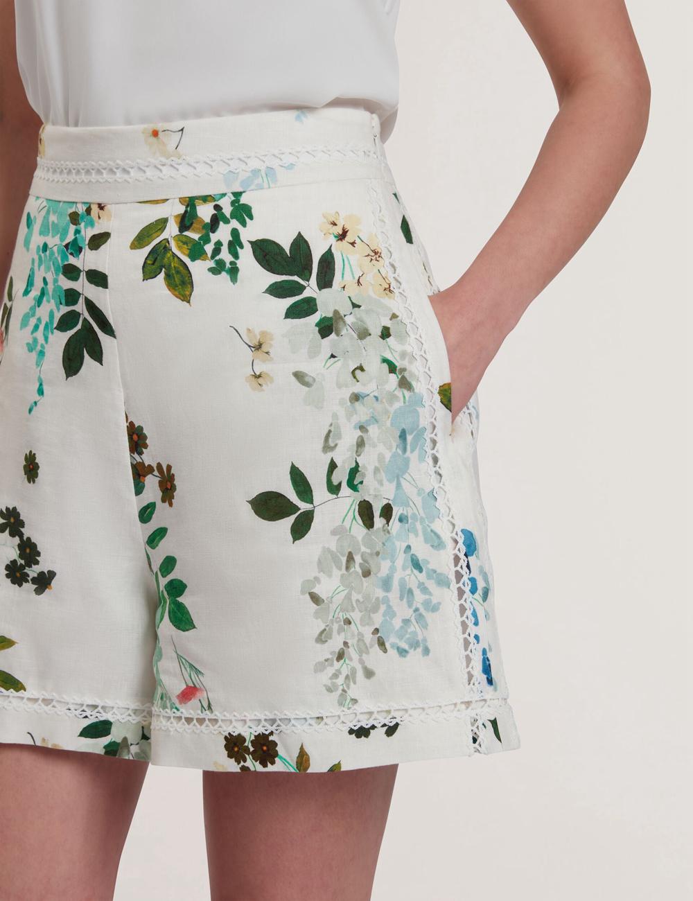 Women Ted Baker VYLLA - Floral High Waist Linen With Trim Detail Shorts White | ZBFS65142