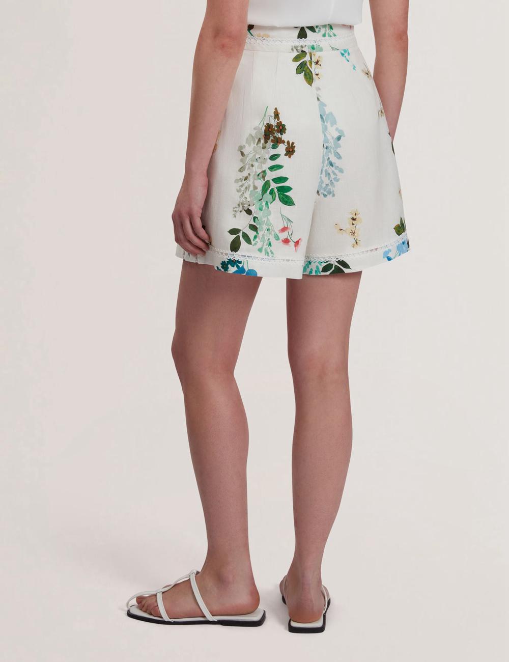 Women Ted Baker VYLLA - Floral High Waist Linen With Trim Detail Shorts White | ZBFS65142