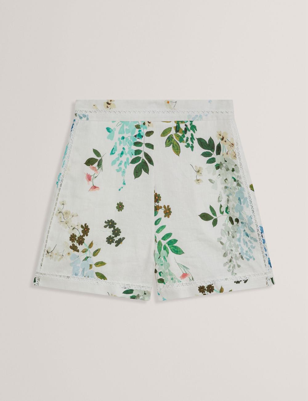 Women Ted Baker VYLLA - Floral High Waist Linen With Trim Detail Shorts White | ZBFS65142