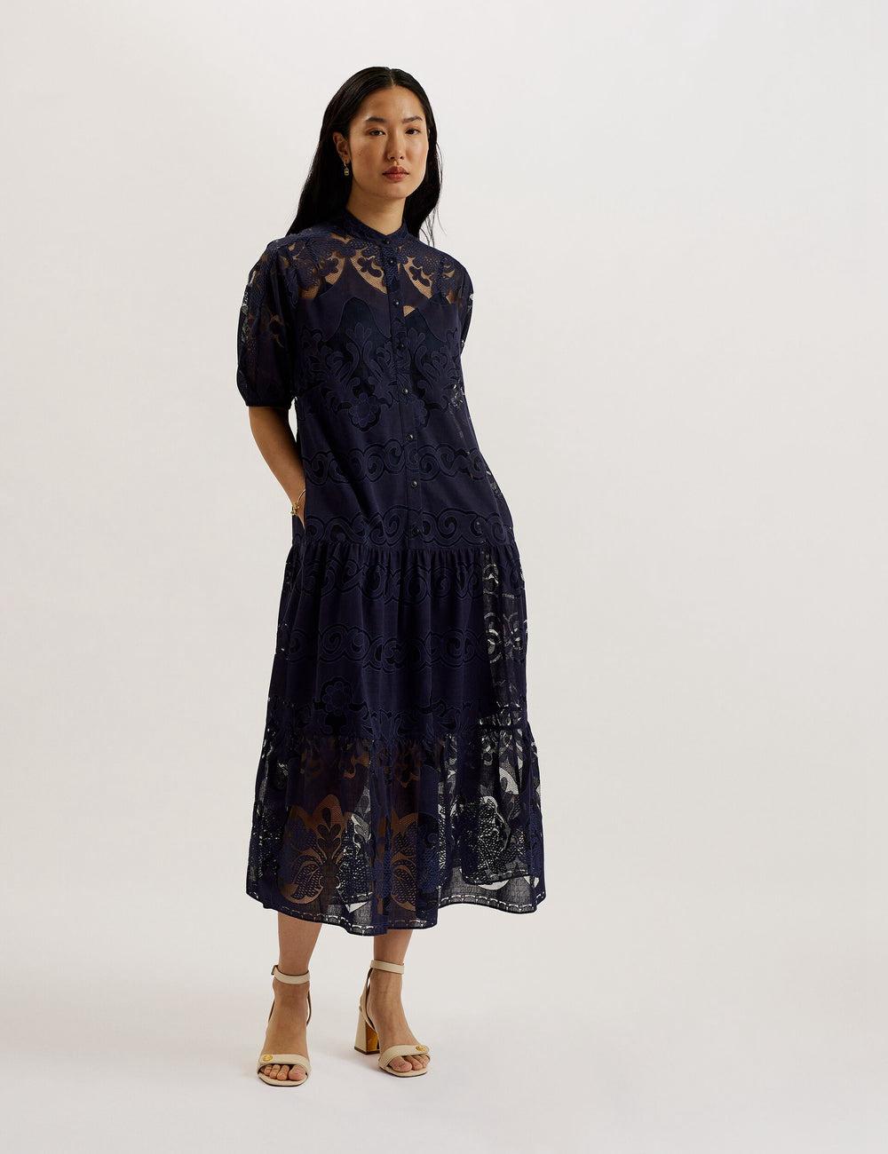 Women Ted Baker XATIVA - Lace Puff Sleeve Midi Shift Midi Dresses Dk-Blue | LVPQ24536