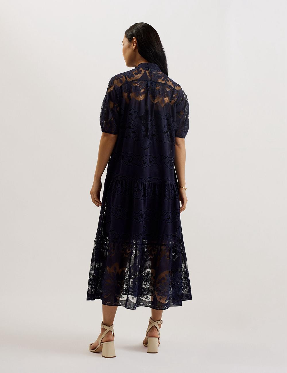 Women Ted Baker XATIVA - Lace Puff Sleeve Midi Shift Midi Dresses Dk-Blue | LVPQ24536