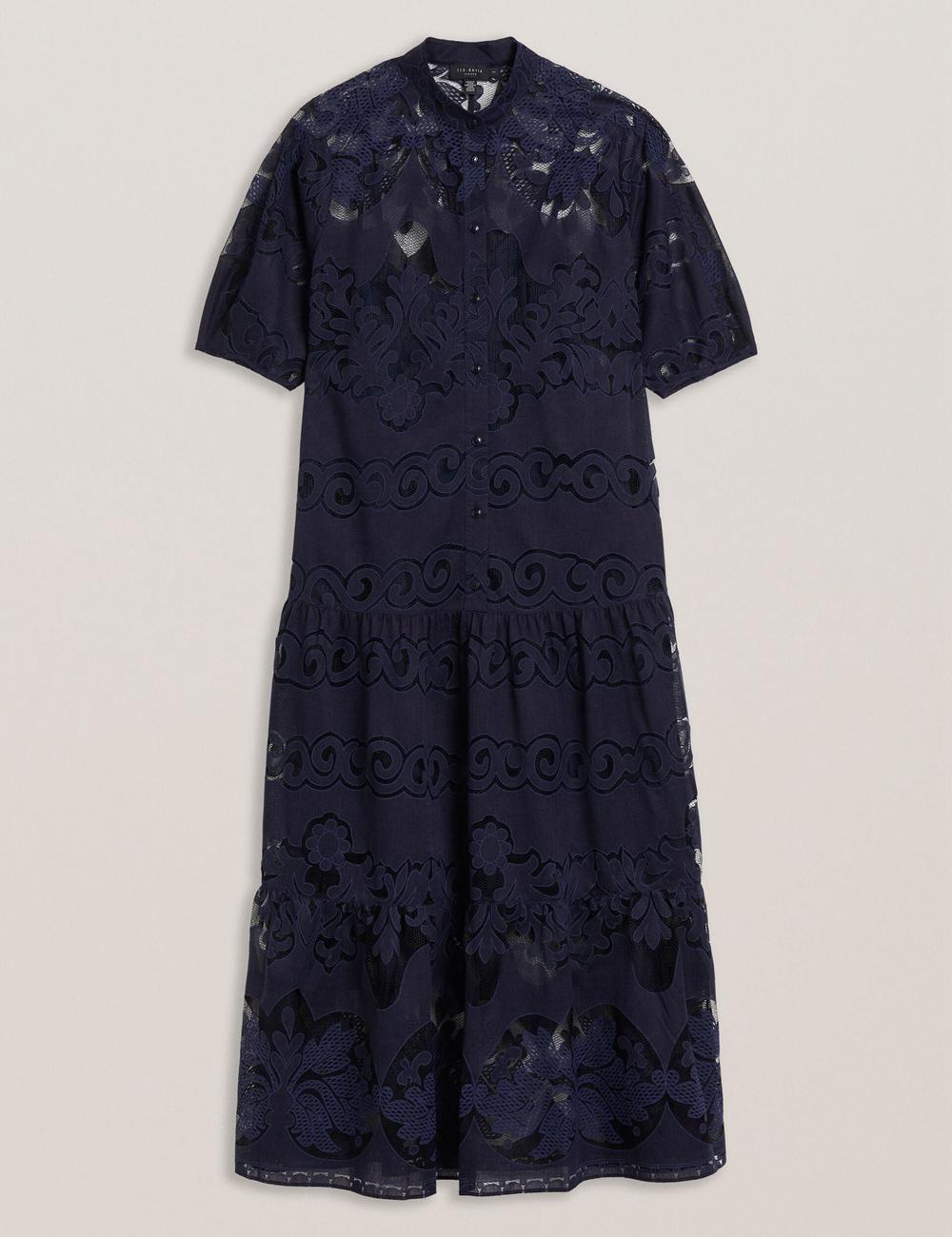Women Ted Baker XATIVA - Lace Puff Sleeve Midi Shift Midi Dresses Dk-Blue | LVPQ24536