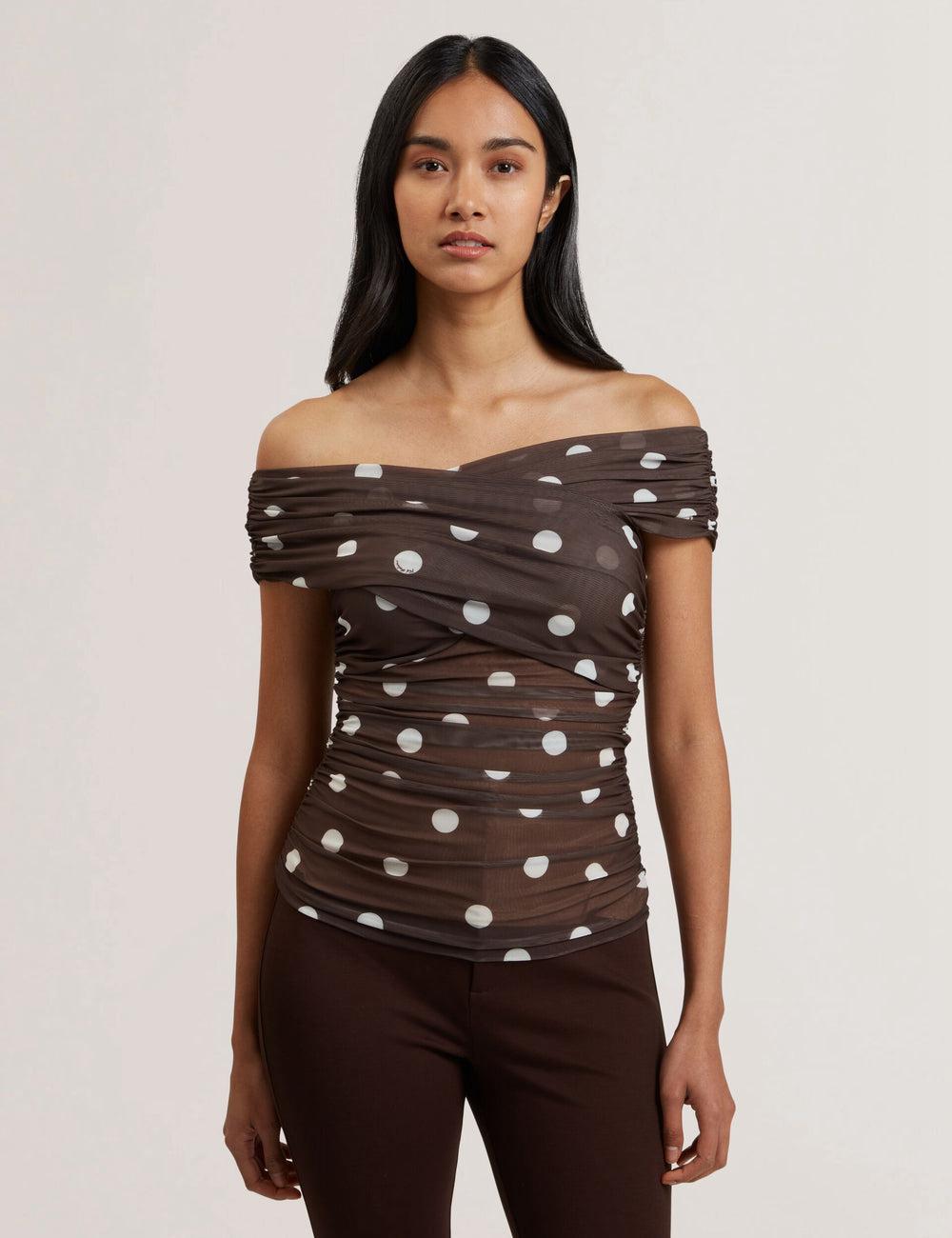 Women Ted Baker ZAAMO - Off-the-Shoulder Polka Dot Mesh Tops Dk-Brown | XHDI03196