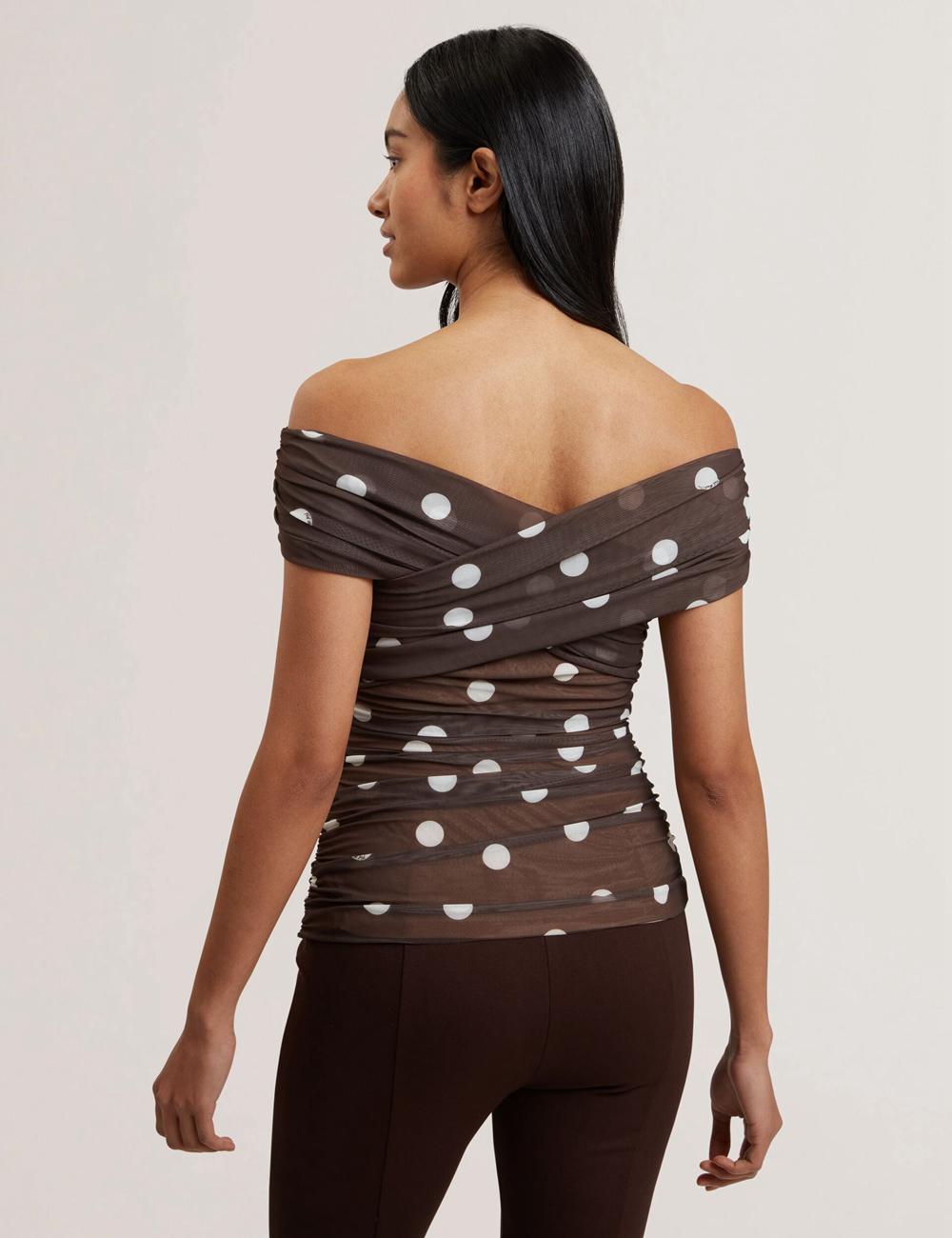 Women Ted Baker ZAAMO - Off-the-Shoulder Polka Dot Mesh Tops Dk-Brown | XHDI03196