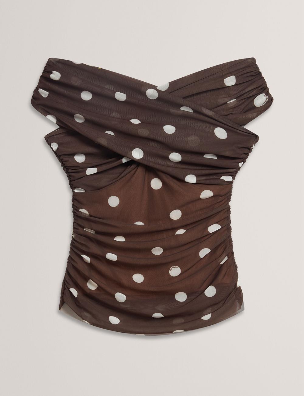 Women Ted Baker ZAAMO - Off-the-Shoulder Polka Dot Mesh Tops Dk-Brown | XHDI03196