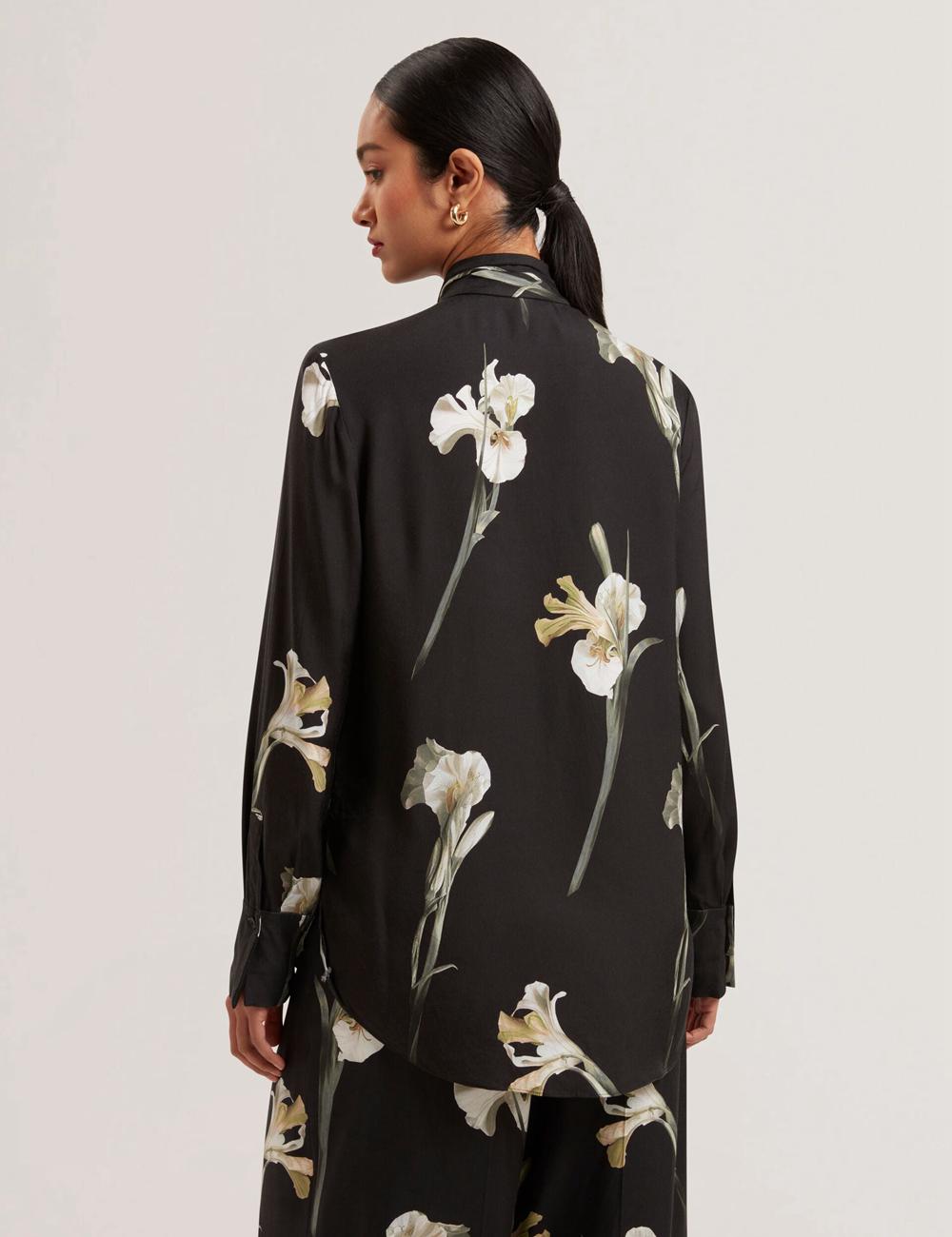 Women Ted Baker ZAKIIER - Neck Floral Print Long Sleeve Blouses Black | PIRX47389