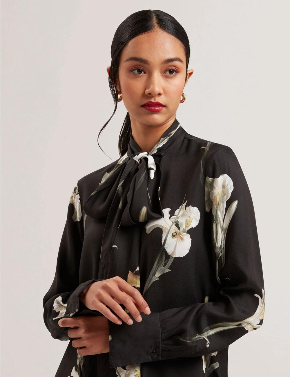 Women Ted Baker ZAKIIER - Neck Floral Print Long Sleeve Blouses Black | PIRX47389