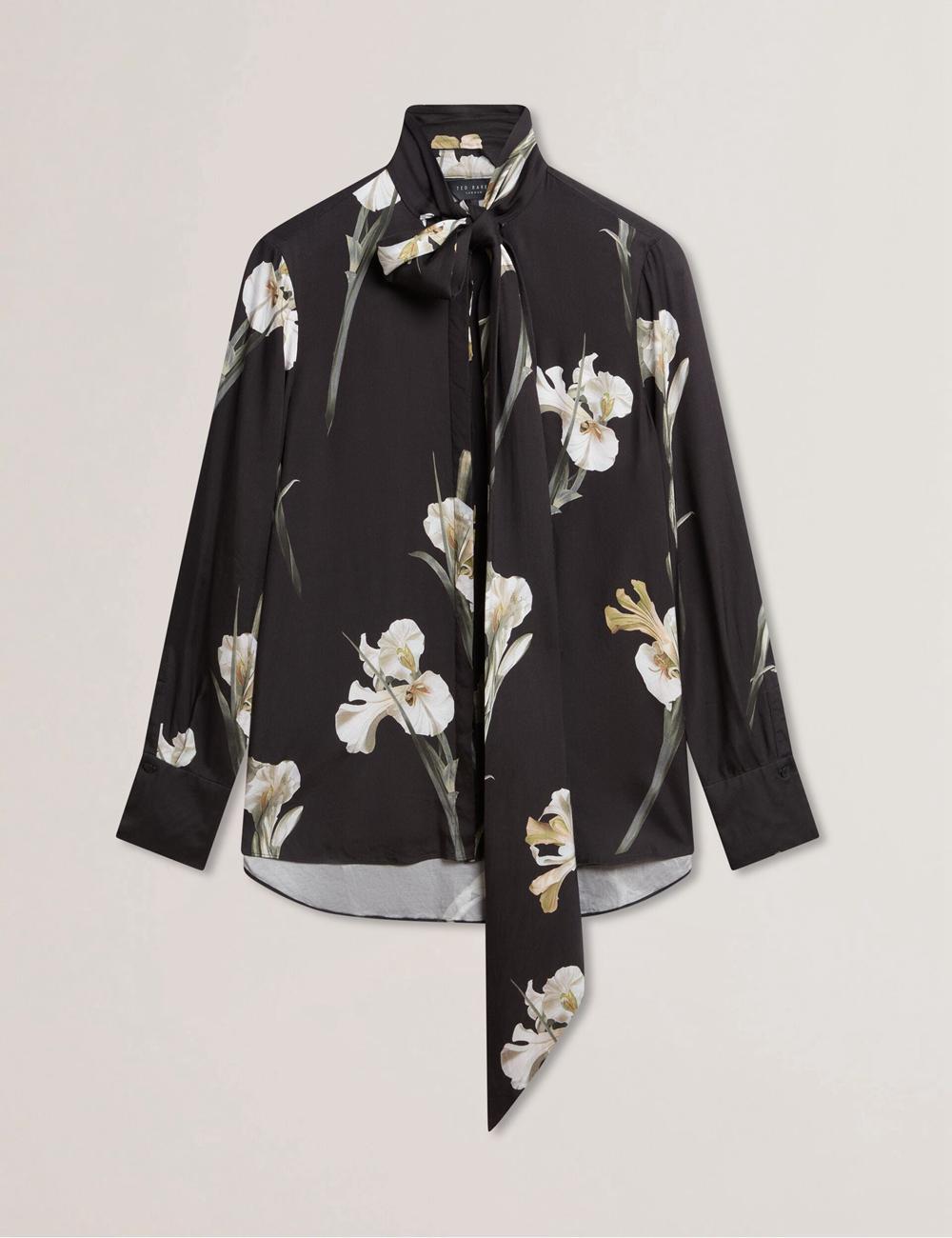 Women Ted Baker ZAKIIER - Neck Floral Print Long Sleeve Blouses Black | PIRX47389