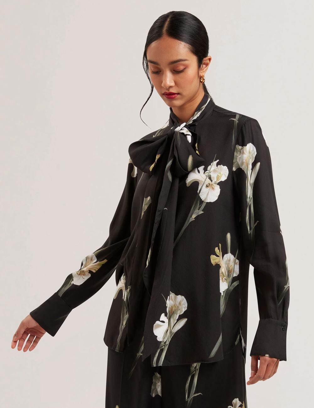 Women Ted Baker ZAKIIER - Neck Floral Print Long Sleeve Blouses Black | PIRX47389