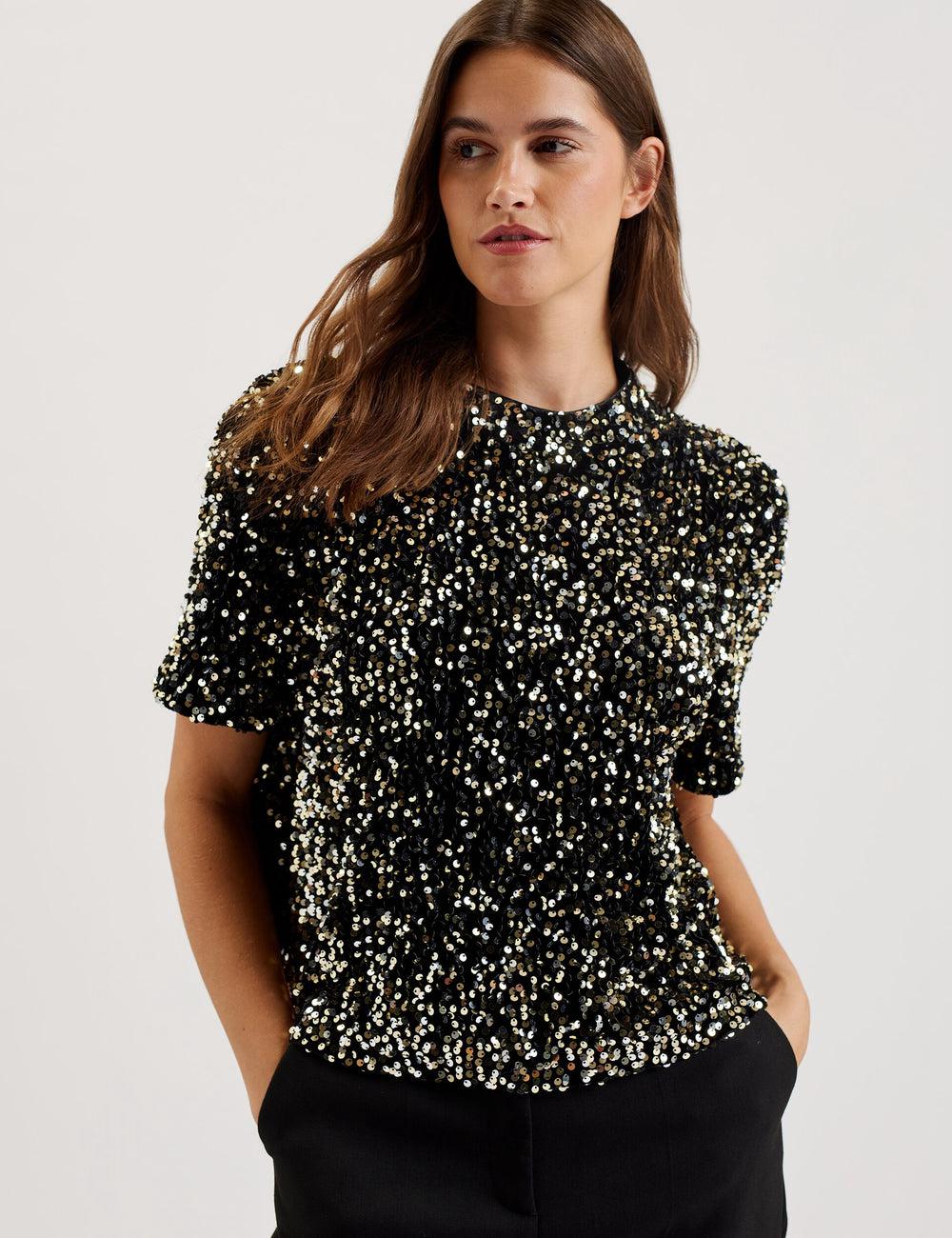 Women Ted Baker ZARHAAA - Sequined Velvet Short Sleeve Top Casual Shirts Black | ORHD73980