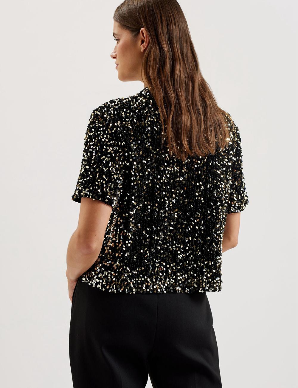 Women Ted Baker ZARHAAA - Sequined Velvet Short Sleeve Top Casual Shirts Black | ORHD73980