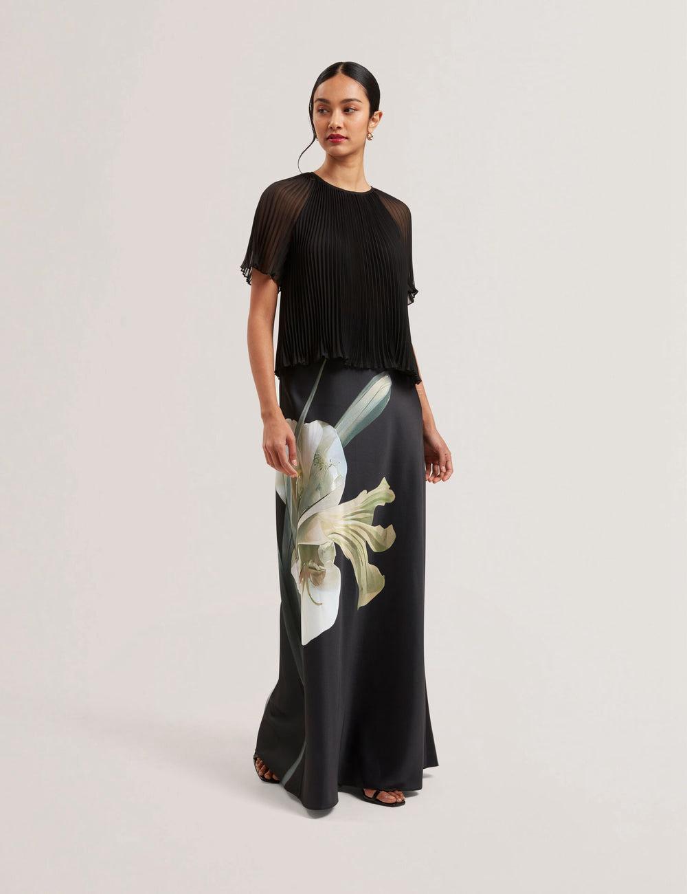 Women Ted Baker ZIONNA - Floral Print Detail Satin Maxi Skirts Black | QDSF65089