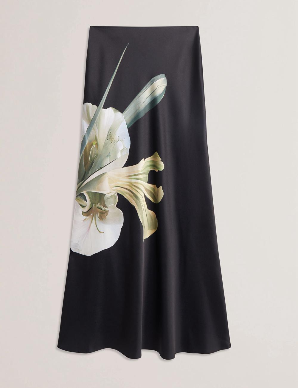 Women Ted Baker ZIONNA - Floral Print Detail Satin Maxi Skirts Black | QDSF65089